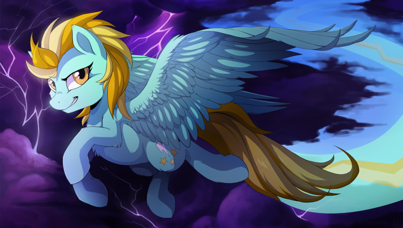 Size: 1360x768 | Tagged: safe, artist:hioshiru, derpibooru import, lightning dust, pegasus, pony, chest fluff, cloud, ear fluff, female, image, leg fluff, lightning, mare, png, sky, solo, storm, wing fluff