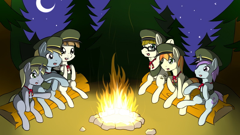 Size: 1280x720 | Tagged: artist:sewlde, campfire, chirpy hooves, colt scouts, derpibooru import, dipsy hooves, featherweight, filly guides, liza doolots, moon, night, petunia, rule 63, safe, tag-a-long, thin mint, tootsie flute, zippoorwhill