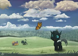 Size: 1755x1275 | Tagged: safe, artist:genbulein, derpibooru import, dinky hooves, oc, oc:mayari, oc:tala, butterfly, changeling, nymph, pony, unicorn, fanfic:a voice among the strangers, cute, foal, meadow, outdoors, scenery, sky