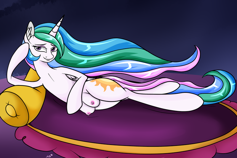 Size: 3000x2000 | Tagged: artist:novaspark, bedroom eyes, breasts, crotchboobs, derpibooru import, female, looking at you, nipples, nudity, princess celestia, questionable, solo, solo female