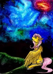 Size: 1462x2048 | Tagged: safe, artist:stirren, derpibooru import, fluttershy, pegasus, pony, stargazing, stars, traditional art