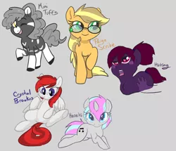 Size: 1280x1099 | Tagged: safe, artist:mt, derpibooru import, oc, oc:crystal brookes, oc:kirking, oc:knoeki, oc:minituffs, oc:paige, unofficial characters only, earth pony, pegasus, pony, unicorn, zebra, amputee, blushing, disembodied hand, glasses, hand, knoeki, legless, petting, wingding eyes