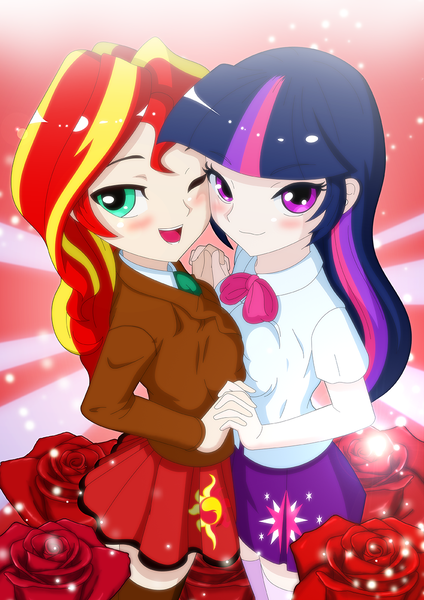 Size: 842x1191 | Tagged: safe, artist:fantasyblade, derpibooru import, sunset shimmer, twilight sparkle, human, blushing, clothes, female, flower, holding hands, humanized, lesbian, looking at you, rose, shipping, skirt, smiling, sparkles, sunsetsparkle, symmetrical docking, wink