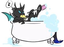 Size: 880x647 | Tagged: artist:egophiliac, bath, bathing, bathtub, bubble bath, changeling, claw foot bathtub, derpibooru import, fanfic art, fanfic:the changeling of the guard, hat, music notes, oc, oc:idol hooves, pith helmet, rubber duck, safe, simple background, transparent background, unofficial characters only, vector