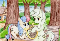 Size: 3456x2332 | Tagged: safe, artist:40kponyguy, derpibooru import, bon bon, lyra heartstrings, sweetie drops, earth pony, pony, unicorn, bench, crossed hooves, female, just friends, lesbian, lidded eyes, looking at each other, lyrabon, lyre, mare, prone, shipping, sitting, traditional art