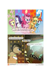 Size: 3541x5016 | Tagged: safe, artist:gashiboka, derpibooru import, applejack, doctor whooves, fluttershy, pinkie pie, rainbow dash, rarity, time turner, earth pony, pegasus, pony, unicorn, comic:recall the time of no return, comic, doctor who, elements of harmony, onomatopoeia, patreon, patreon logo, tardis