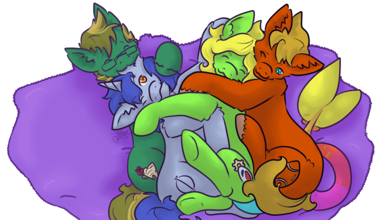 Size: 1024x576 | Tagged: safe, artist:mangajag, derpibooru import, oc, oc:apple flip, oc:autumn prose, oc:grass hope, oc:lucid dream, unofficial characters only, earth pony, merpony, pony, unicorn, cuddling, ear bite, group, snuggling, underhoof