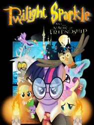 Size: 1500x2000 | Tagged: safe, artist:knadire, artist:knadow-the-hechidna, derpibooru import, applejack, discord, fluttershy, owlowiscious, philomena, princess cadance, soarin', spike, spitfire, twilight sparkle, twilight sparkle (alicorn), alicorn, draconequus, dragon, goblin, parasprite, pegasus, pony, three's a crowd, canterlot, female, fire, glass of water, glasses, hagrid, harry potter, harry potter and the philosopher's stone, hedwig, hermione granger, hogwarts, levitation, looking at you, magic, male, mare, mare in the moon, mashup, parody, poster, professor dumbledore, quidditch, ron weasley, scar, stallion, telekinesis