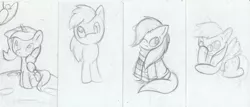 Size: 4661x1987 | Tagged: safe, artist:greenfinger, derpibooru import, princess luna, oc, earth pony, pegasus, pony, unicorn, clothes, coat, glasses, monochrome, scarf, sketch, sketch dump, traditional art