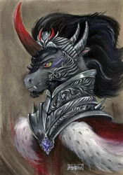 Size: 4835x6897 | Tagged: safe, artist:bazted, derpibooru import, king sombra, pony, unicorn, armor, bust, curved horn, fluffy, frown, glowing eyes, goatee, portrait, solo, sombra eyes, traditional art