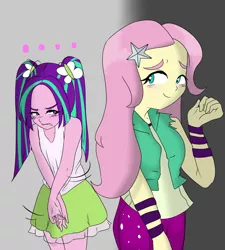 Size: 3600x4000 | Tagged: safe, artist:amazingpuffhair, derpibooru import, aria blaze, fluttershy, equestria girls, absurd resolution, ariashy, blushing, clothes, clothes swap, covering, cute, embarrassed, flutterblaze, shipping, skirt, sleeveless, tanktop, tsundaria, tsundere