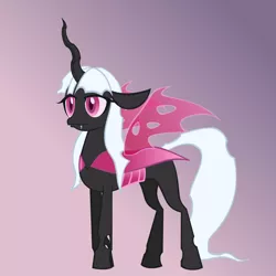 Size: 1200x1200 | Tagged: artist:fibs, changeling, changeling queen, changeling queen oc, derpibooru import, female, gradient background, horn, oc, oc:elytra, pink changeling, red eyes, safe, solo, unofficial characters only, white hair, wings