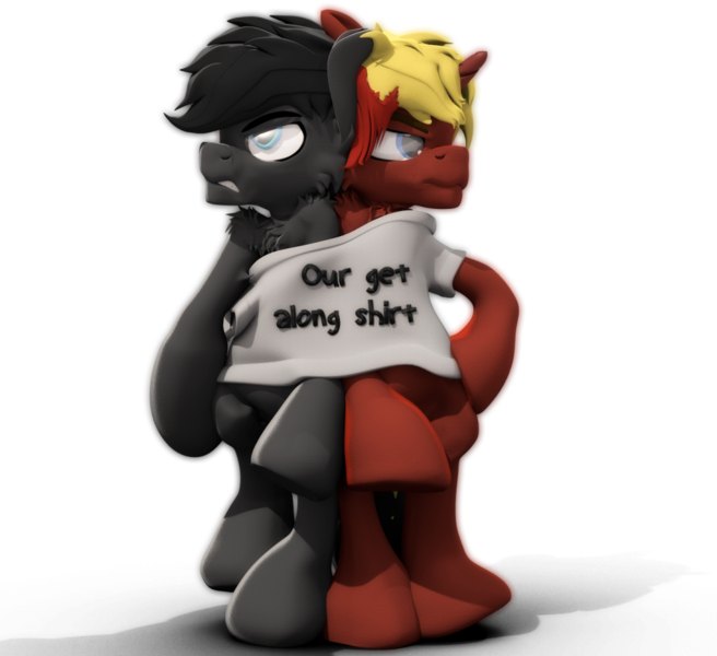 Size: 1024x936 | Tagged: safe, artist:sherfur, derpibooru import, oc, oc:flick, oc:scoots, unofficial characters only, pony, 3d, get along shirt, male, stallion