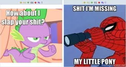 Size: 509x270 | Tagged: 60s spider-man, derpibooru, derpibooru import, exploitable meme, how about i slap your shit, impact font, juxtaposition, juxtaposition win, meme, meta, safe, spider-man, spike, vulgar