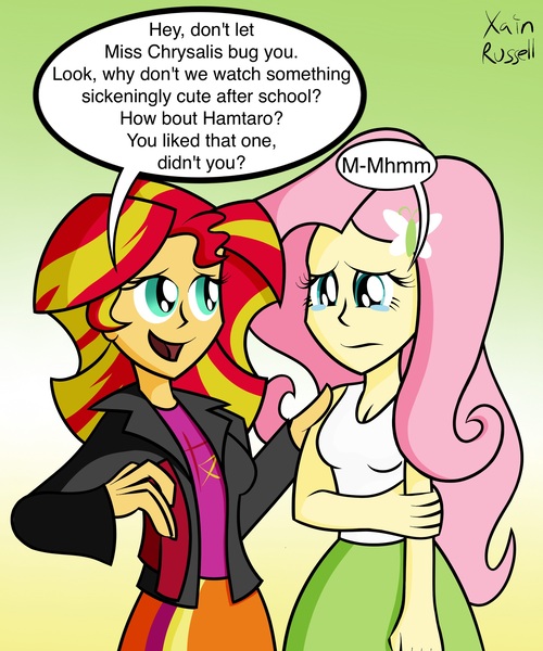 Size: 2000x2400 | Tagged: safe, artist:xain-russell, deleted from derpibooru, derpibooru import, fluttershy, sunset shimmer, ask sunset the otaku, equestria girls, breasts, cleavage, clothes, crying, dialogue, hamtaro, stealth pun, tanktop