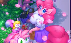Size: 1575x956 | Tagged: amy rose, anthro, artist:0r0ch1, babs bunny, bento, breasts, burger, busty pinkie pie, clothes, crossover, derpibooru import, eating, female, furry, grin, jacket, lunch, mimi, oc, patreon, petals, pink, pinkie pie, safe, school uniform, shirt, skirt, smiling, sonic the hedgehog (series), tiny toon adventures