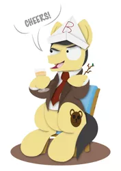 Size: 2480x3508 | Tagged: safe, artist:bobthedalek, derpibooru import, ponified, pony, chair, clothes, crossover, hat, jacket, mr bean, necktie, paper hat, simple background, solo, vector, white background