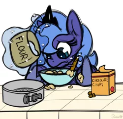 Size: 1400x1350 | Tagged: artist:ramott, baking, bowl, derpibooru import, filly, flour, frown, levitation, magic, mixing bowl, princess luna, safe, simple background, sketch, solo, telekinesis, white background, woona