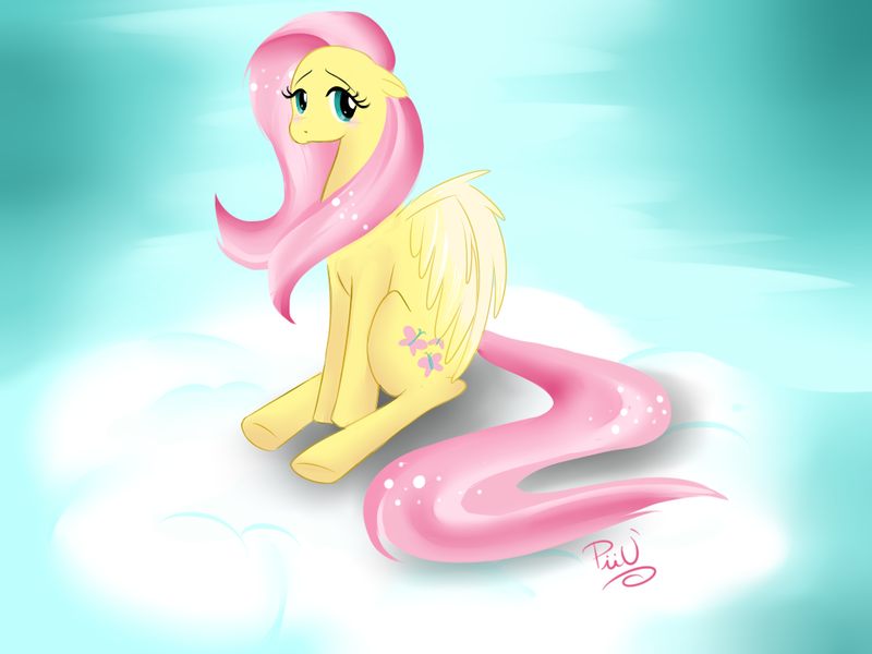 Size: 1024x768 | Tagged: safe, artist:x-piiu, derpibooru import, fluttershy, cloud, cloudy, cute, looking at you, solo