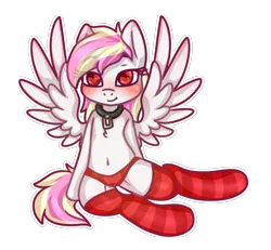 Size: 900x832 | Tagged: suggestive, artist:ruef, derpibooru import, oc, oc:rainy skies, unofficial characters only, pegasus, pony, clothes, collar, image, panties, png, socks, solo, striped socks, underwear, ych result