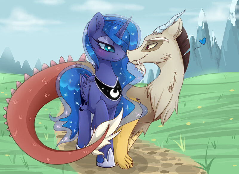 Size: 1600x1166 | Tagged: safe, artist:magnaluna, derpibooru import, discord, princess luna, alicorn, draconequus, pony, blushing, eye contact, fangs, female, grass, grass field, heart, looking at each other, lunacord, male, mare, mountain, pathway, raised hoof, scenery, shipping, smiling, straight, walking