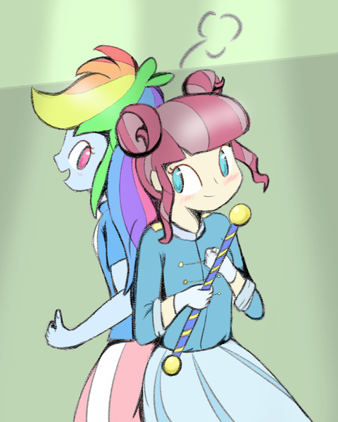 Size: 800x1000 | Tagged: safe, artist:fromamida, derpibooru import, majorette, rainbow dash, sweeten sour, equestria girls, friendship games, back to back, background human, blushing, clothes, shipping, skirt, sweetendash
