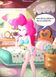Size: 1700x2338 | Tagged: suggestive, artist:dieart77, derpibooru import, pinkie pie, human, equestria girls, bedroom, belly button, blue underwear, bra, bracelet, breasts, cleavage, clothes, dialogue, engrish, erect nipples, female, nipple outline, panties, sexy, signature, solo, speech bubble, straw, underwear, wink