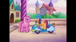 Size: 960x540 | Tagged: derpibooru import, g3, meet the ponies, pinkie pie (g3), safe, scootaloo (g3), scootaloo's outdoor play party, scooter, screencap