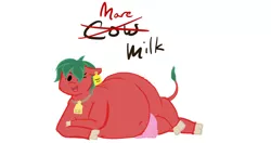 Size: 2560x1356 | Tagged: artist:kiedough, artist:secretgoombaman12345, belly, belly button, chubby, cow, derpibooru import, edit, fat, oc, oc:strawberry milkshake, suggestive, udder, unofficial characters only