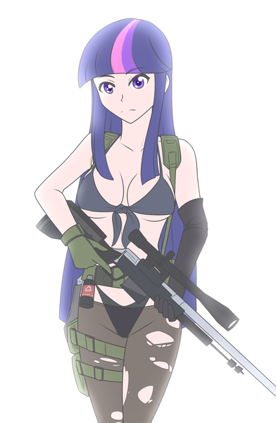 Size: 1280x1958 | Tagged: artist:jonfawkes, breasts, cleavage, clothes, commission, cosplay, costume, derpibooru import, female, front knot midriff, gun, human, humanized, konami, metal gear, metal gear solid 5, midriff, optical sight, panties, quiet (metal gear), rifle, simple background, sniper rifle, solo, solo female, suggestive, thong, torn clothes, trigger discipline, twilight sparkle, underboob, underwear, weapon, white background