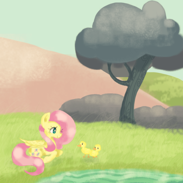 Size: 1024x1024 | Tagged: artist:chiuuchiuu, derpibooru import, duckling, fluttershy, lake, safe, tree