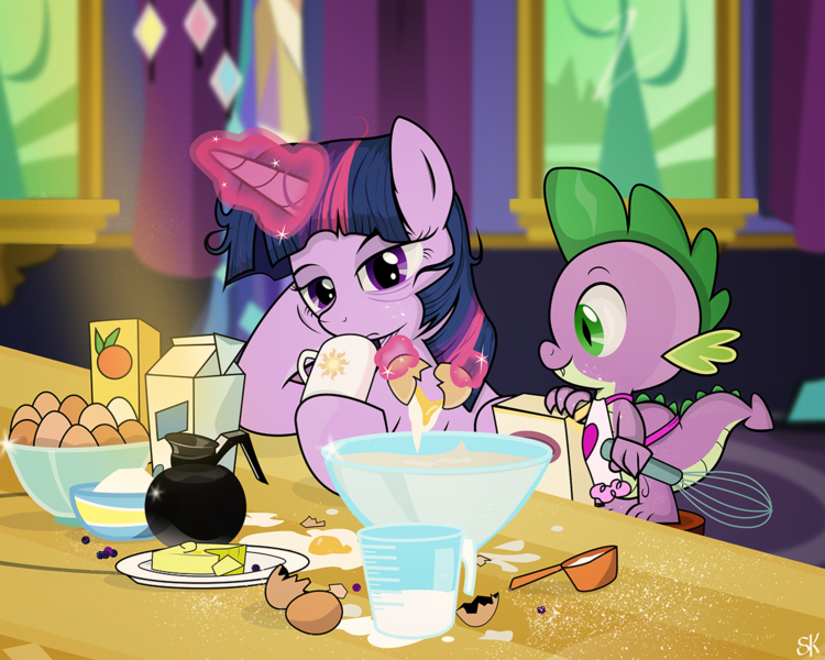 Size: 1253x1002 | Tagged: safe, artist:dsana, derpibooru import, princess celestia, spike, twilight sparkle, twilight sparkle (alicorn), alicorn, pony, apron, baking, bowl, breakfast, butter, clothes, coffee, cooking, cutie mark, egg (food), female, flour, food, magic, mare, messy mane, morning ponies, naked apron