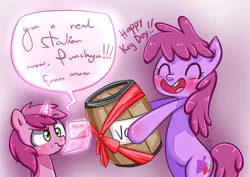 Size: 1101x778 | Tagged: safe, artist:frankier77, derpibooru import, berry punch, berryshine, ruby pinch, earth pony, pony, unicorn, bad parenting, bipedal, birthday, birthday card, birthday gift, duo, duo female, female, keg, mother and child, mother and daughter