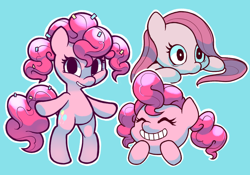 Size: 2557x1790 | Tagged: dead source, safe, artist:gatodelfuturo, derpibooru import, pinkie pie, pony, bipedal, blue background, cute, diapinkes, eyes closed, happy, looking at you, pinkamena diane pie, simple background, smiling, solo, triality