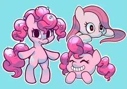 Size: 2557x1790 | Tagged: dead source, safe, artist:gatodelfuturo, derpibooru import, pinkie pie, pony, bipedal, blue background, cute, diapinkes, eyes closed, happy, looking at you, pinkamena diane pie, simple background, smiling, solo, triality