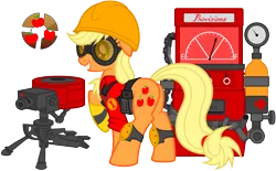 Size: 1752x1086 | Tagged: applejack, artist:nikkikitty44, crossover, derpibooru import, dispenser, engiejack, engineer, safe, sentry, sentry gun, team fortress 2