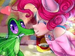 Size: 1024x768 | Tagged: safe, artist:iponylover, derpibooru import, gummy, pinkie pie, alligator, human, the lost treasure of griffonstone, blushing, cute, diapinkes, duo, eared humanization, egg beater, eyes closed, heart, humanized, kissing, mouth hold, profile, scene interpretation, shoulderless