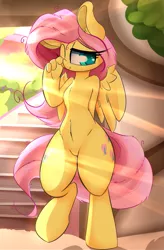 Size: 1259x1920 | Tagged: anthro, artist:madacon, belly button, chest fluff, crepuscular rays, cute, derpibooru import, featureless crotch, fluffy, fluttershy, looking at you, messy mane, raised leg, safe, shyabetes, sleepy, smiling, solo, unguligrade anthro, wink