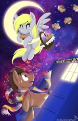 Size: 900x1391 | Tagged: safe, artist:romaniz, derpibooru import, derpy hooves, doctor whooves, time turner, pony, clothes, doctor who, eyes closed, male, moon, muffin, scarf, space, stallion, sweat, tangible heavenly object, tardis