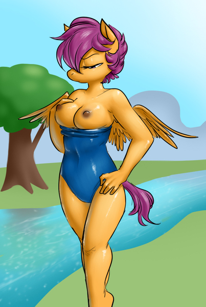 Size: 688x1024 | Tagged: anthro, artist:glacierclear edits, artist:raithial, breasts, clothes, derpibooru import, edit, female, leotard, nipples, nudity, older, one-piece swimsuit, questionable, scootaloo, solo, solo female, swimsuit, topless, unguligrade anthro