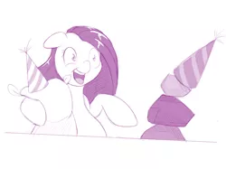 Size: 1280x955 | Tagged: artist:dstears, derpibooru import, madame le flour, monochrome, party of one, pinkamena diane pie, pinkie pie, rocky, safe