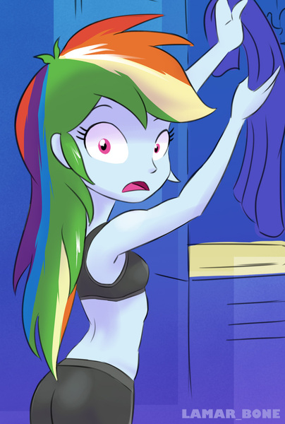 Size: 800x1188 | Tagged: suggestive, artist:lamar_bone, derpibooru import, rainbow dash, equestria girls, black underwear, bra, breasts, clothes, compression shorts, crop top bra, embarrassed, embarrassed underwear exposure, female, locker room, looking at you, looking back, open mouth, shocked, solo, solo female, sports shorts, surprised, underwear