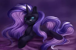 Size: 3000x2000 | Tagged: safe, artist:amishy, derpibooru import, nightmare rarity, pony, unicorn, blank flank, female, lying down, mare, missing cutie mark, prone, slit eyes, slit pupils, solo, spank mark, whip marks