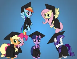 Size: 3300x2550 | Tagged: safe, artist:lifesharbinger, derpibooru import, applejack, fluttershy, pinkie pie, rainbow dash, rarity, twilight sparkle, twilight sparkle (alicorn), alicorn, pony, cap, clothes, dress, female, gown, graduation, graduation cap, hat, mane six, mare