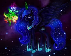 Size: 2247x1779 | Tagged: safe, artist:das_leben, derpibooru import, oc, unofficial characters only, alicorn, pony, alicorn oc, fire, flower, glowing horn, levitation, magic, night, not luna, smiling, solo, spread wings, stars, water