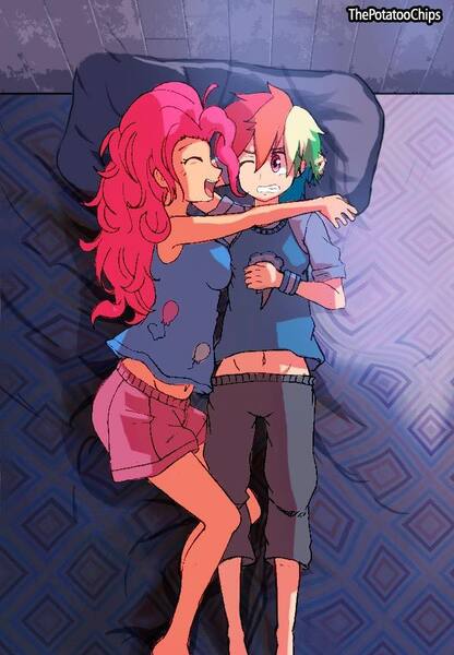 Size: 665x960 | Tagged: safe, artist:potatoochips, derpibooru import, pinkie pie, rainbow dash, human, bed, belly button, female, humanized, lesbian, midriff, pinkiedash, shipping, snuggling