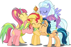 Size: 3500x2325 | Tagged: safe, artist:xebck, derpibooru import, edit, vector edit, indigo zap, lemon zest, sour sweet, sugarcoat, sunny flare, sunset shimmer, ponified, alicorn, earth pony, pegasus, pony, unicorn, equestria girls, friendship games, magical mystery cure, a true true friend, alicornified, alternate mane six, alternate universe, elements of harmony, equestria girls ponified, eyes closed, group, group hug, happy, race swap, shadow five, shimmercorn, simple background, smiling, transparent background, vector