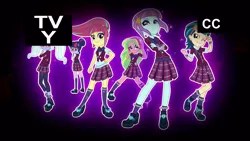 Size: 1920x1080 | Tagged: dead source, safe, deleted from derpibooru, derpibooru import, screencap, indigo zap, lemon zest, sci-twi, sour sweet, sugarcoat, sunny flare, twilight sparkle, equestria girls, friendship games, closed captioning, clothes, crossed arms, crystal prep academy, crystal prep shadowbolts, shadow five, shadow six, skirt, tv rating, tv-y