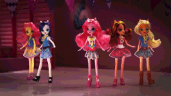 Size: 569x320 | Tagged: safe, derpibooru import, applejack, fluttershy, pinkie pie, rainbow dash, rarity, sunset shimmer, equestria girls, friendship games, airhorn, animated, cheering, clothes, commercial, doll, friendship games dolls commercials, jumping, outfit, stop motion, toy, walking