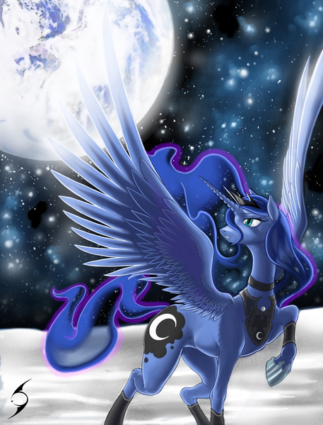 Size: 4134x5433 | Tagged: safe, artist:blackrunewarlock, derpibooru import, princess luna, alicorn, pony, absurd resolution, female, looking back, mare, moon, night, older, raised hoof, realistic horse legs, solo, spread wings, stars